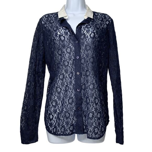 Equipment Femme Women’s Sheer Lace Collared Button Up Blouse Blue Size Medium - Picture 1 of 11